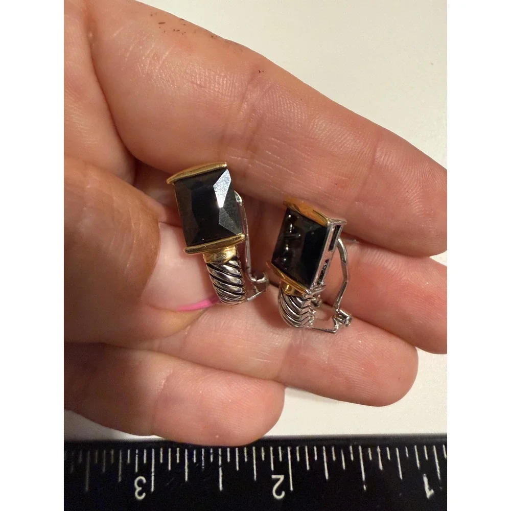 Black Emerald Cut Two Tone Cable Hoop Earrings Omega Back Costume Jewelry
